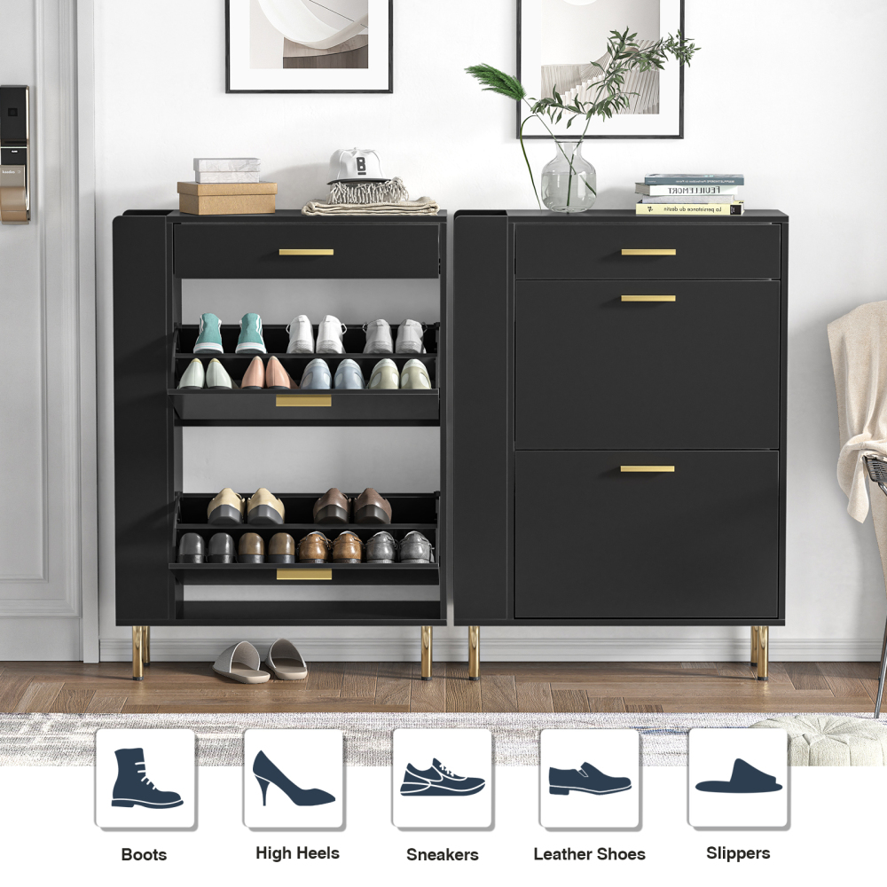 Anmytek Black Shoe Cabinet with 2 Flip Drawers, Modern Freestanding Shoe Rack Storage Organizer Cabinet with Drawers