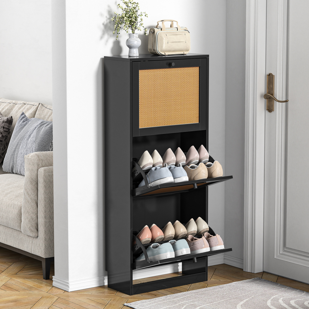 Anmytek Shoe Cabinet, 12 Pair Shoe Storage Organizer Cabinet, 3-Tier Rattan Shoe Cabinet with 3 Flip Drawers