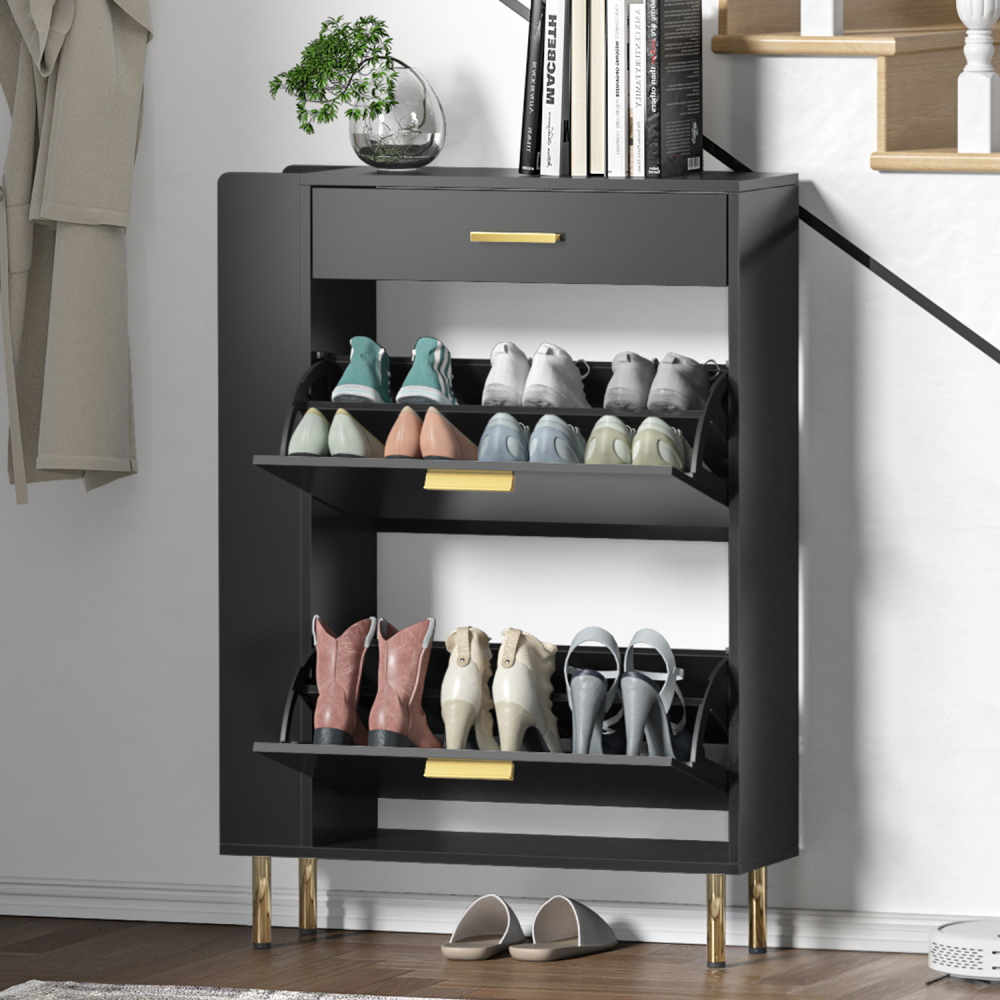 Anmytek Black Shoe Cabinet with 2 Flip Drawers, Modern Freestanding Shoe Rack Storage Organizer Cabinet with Drawers