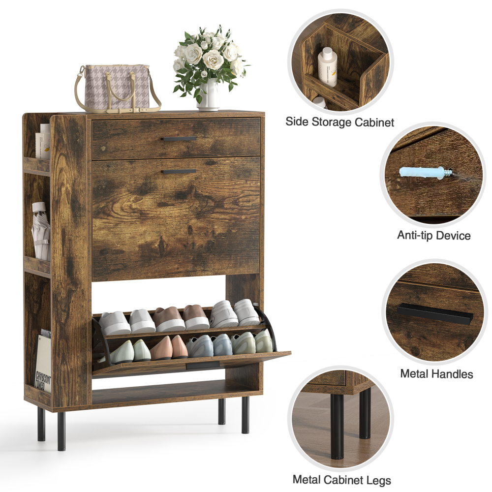 Anmytek Shoe Storage Cabinet with 2 Flip Drawers, Freestanding Shoe Rack Storage Organizer with Shelves Drawers