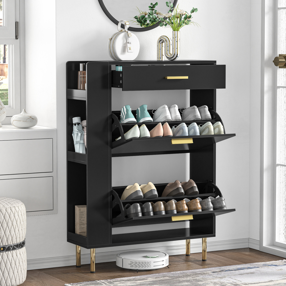 Anmytek Black Shoe Cabinet with 2 Flip Drawers, Modern Freestanding Shoe Rack Storage Organizer Cabinet with Drawers