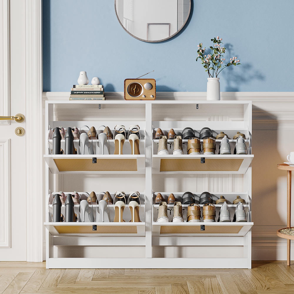 Anmytek Natural Rattan Shoe Storage Cabinet with 4 Flip Drawers, Freestanding Shoe Cabinet