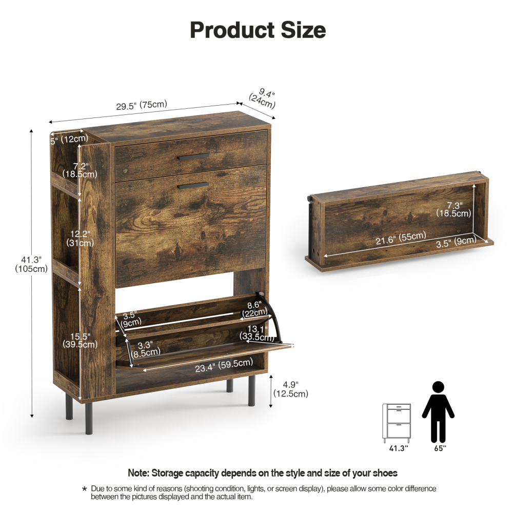 Anmytek Shoe Storage Cabinet with 2 Flip Drawers, Freestanding Shoe Rack Storage Organizer with Shelves Drawers