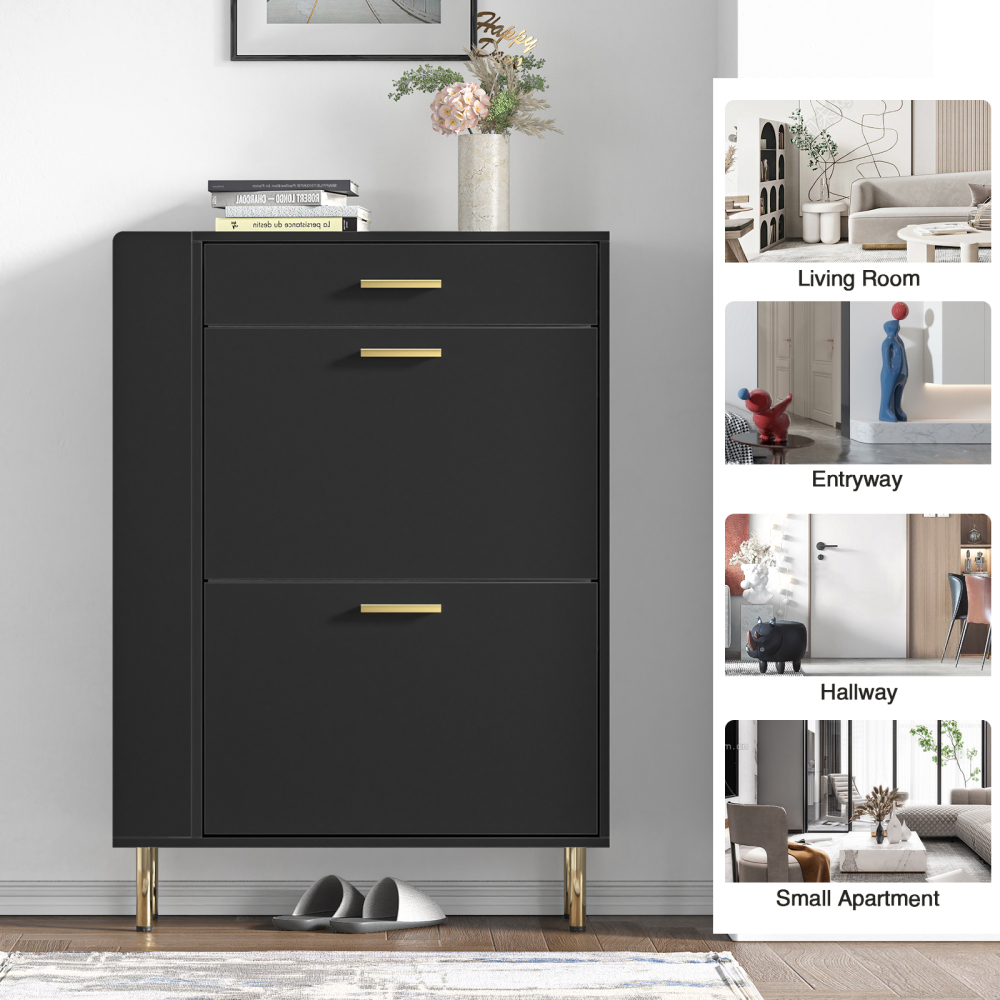 Anmytek Black Shoe Cabinet with 2 Flip Drawers, Modern Freestanding Shoe Rack Storage Organizer Cabinet with Drawers