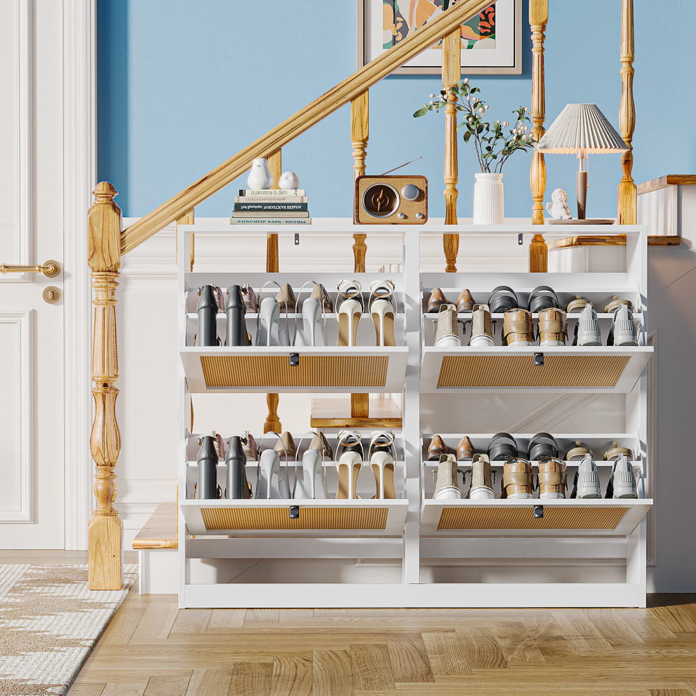 Anmytek Natural Rattan Shoe Storage Cabinet with 4 Flip Drawers, Freestanding Shoe Cabinet