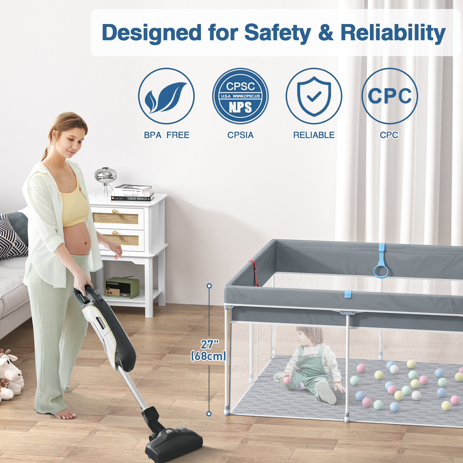 Anmytek Foldable Baby Playpen with Mat, Safe Sturdy, Play Yard, Anti-Slip, Playard with Mat