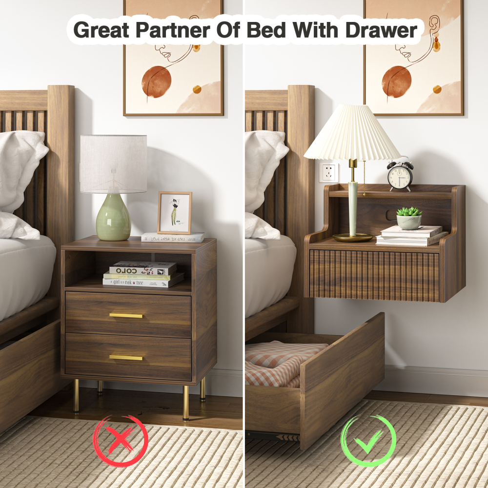 Anmytek Walnut Floating Nightstand Set of 2 with Drawer, Wall Mounted Night Stand, Small Bedside End Table