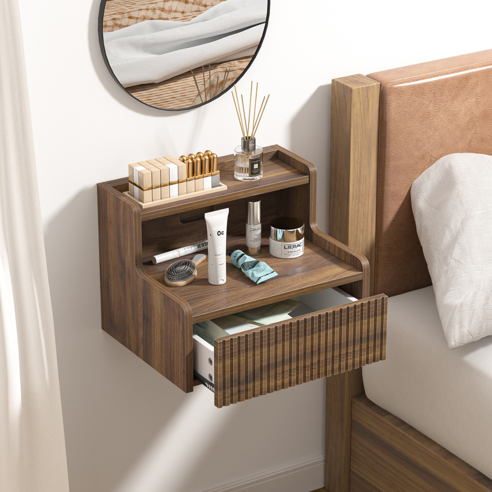 Anmytek Walnut Floating Nightstand Set of 2 with Drawer, Wall Mounted Night Stand, Small Bedside End Table