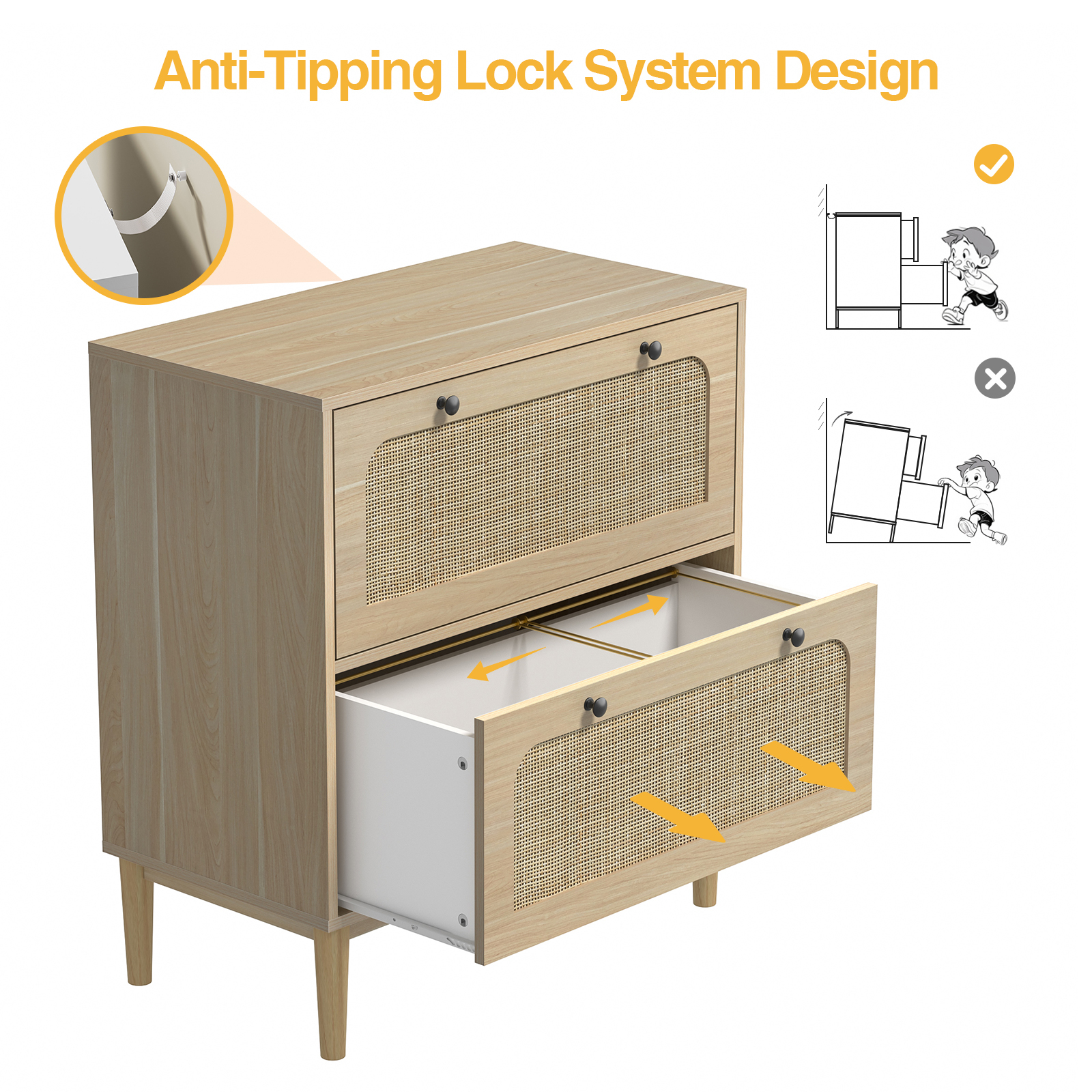 Anmytek Lateral File Cabinet, Rattan Filing Cabinet with Adjustable Hanging Bar for Letter
