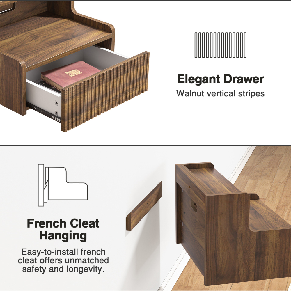 Anmytek Walnut Floating Nightstand Set of 2 with Drawer, Wall Mounted Night Stand, Small Bedside End Table