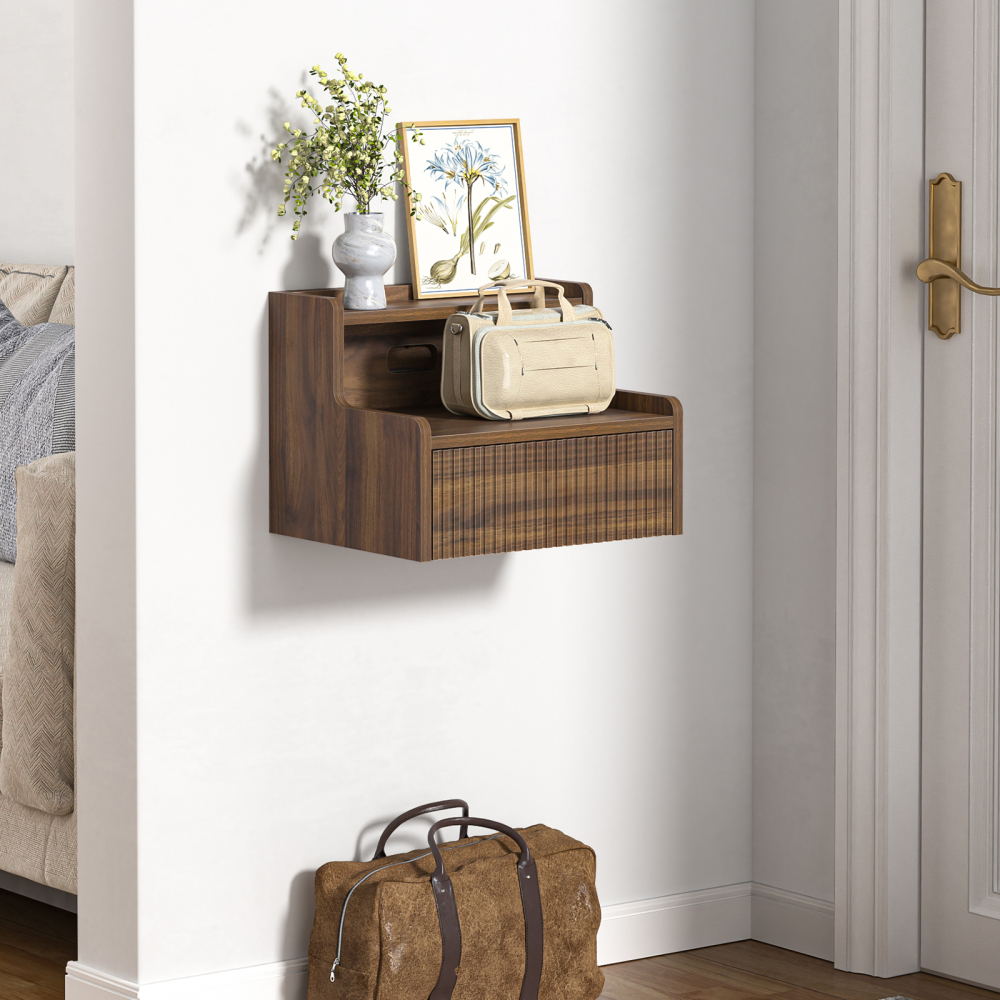 Anmytek Walnut Floating Nightstand Set of 2 with Drawer, Wall Mounted Night Stand, Small Bedside End Table