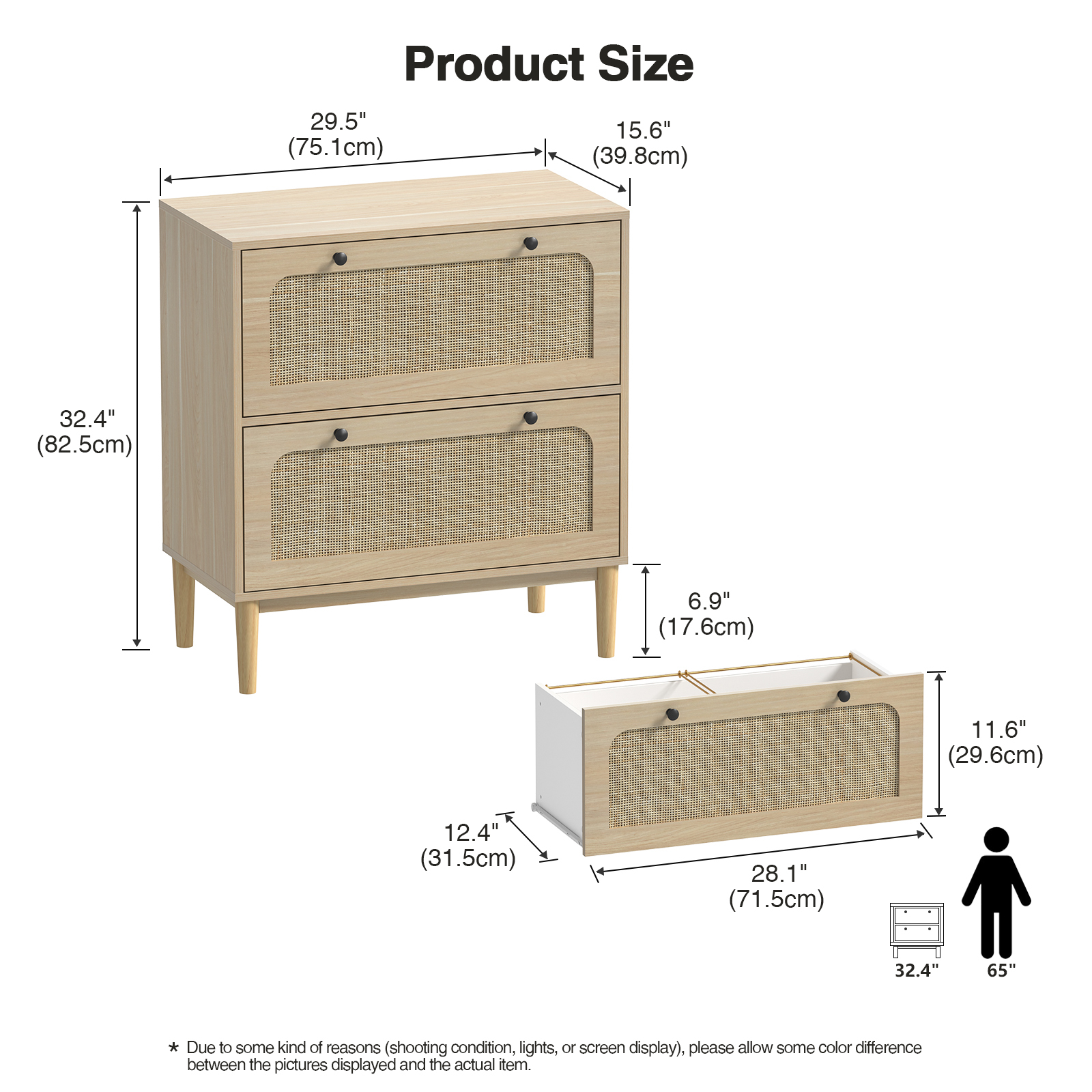 Anmytek Lateral File Cabinet, Rattan Filing Cabinet with Adjustable Hanging Bar for Letter