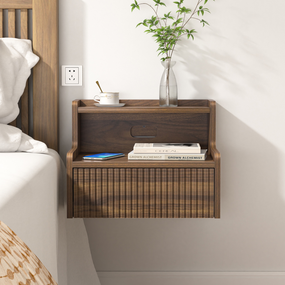 Anmytek Walnut Floating Nightstand Set of 2 with Drawer, Wall Mounted Night Stand, Small Bedside End Table