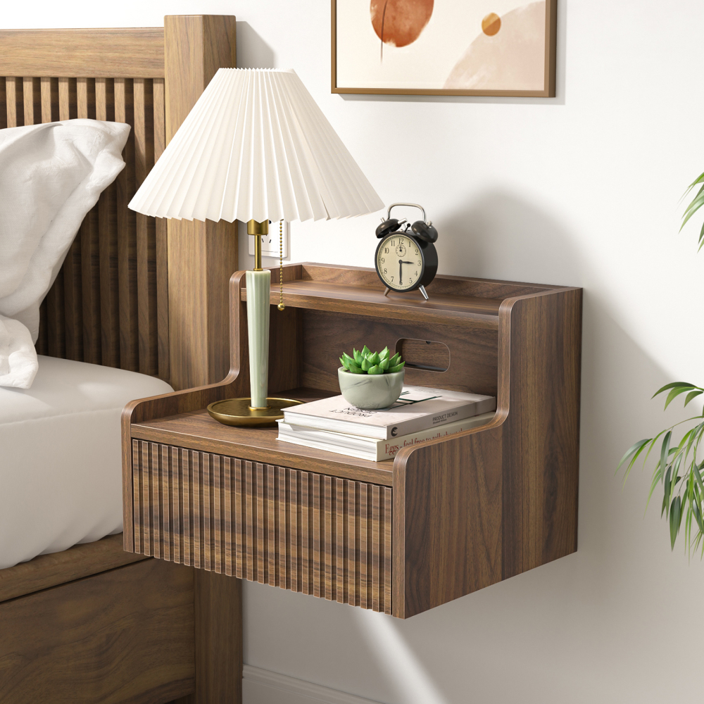 Anmytek Walnut Floating Nightstand Set of 2 with Drawer, Wall Mounted Night Stand, Small Bedside End Table