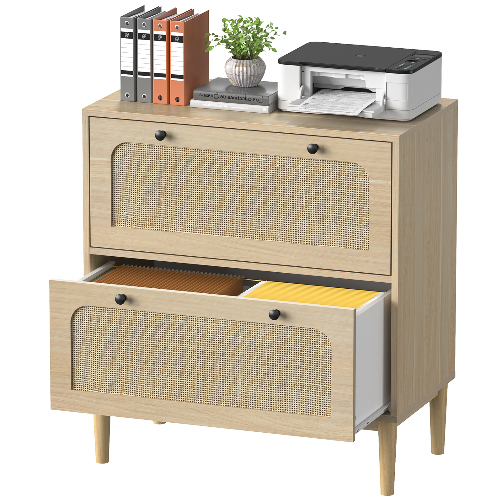 Anmytek Lateral File Cabinet, Rattan Filing Cabinet with Adjustable Hanging Bar for Letter