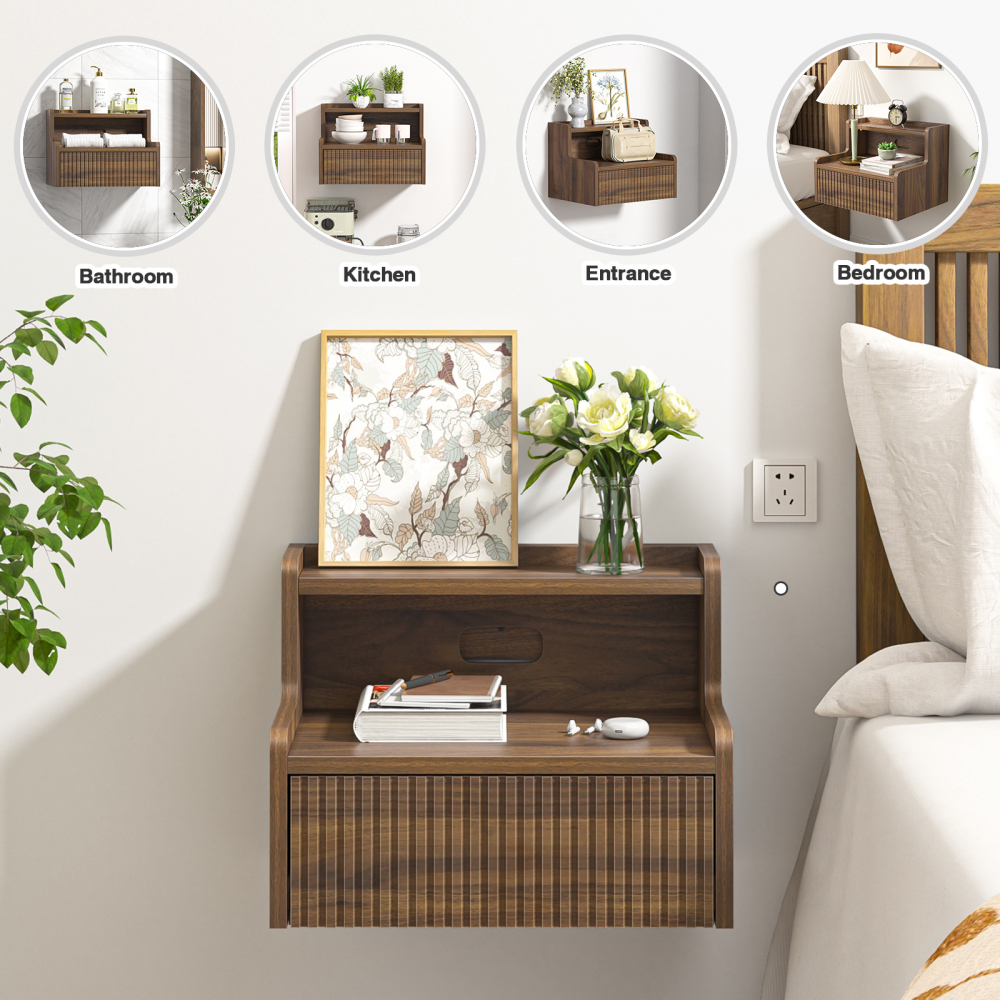 Anmytek Walnut Floating Nightstand Set of 2 with Drawer, Wall Mounted Night Stand, Small Bedside End Table