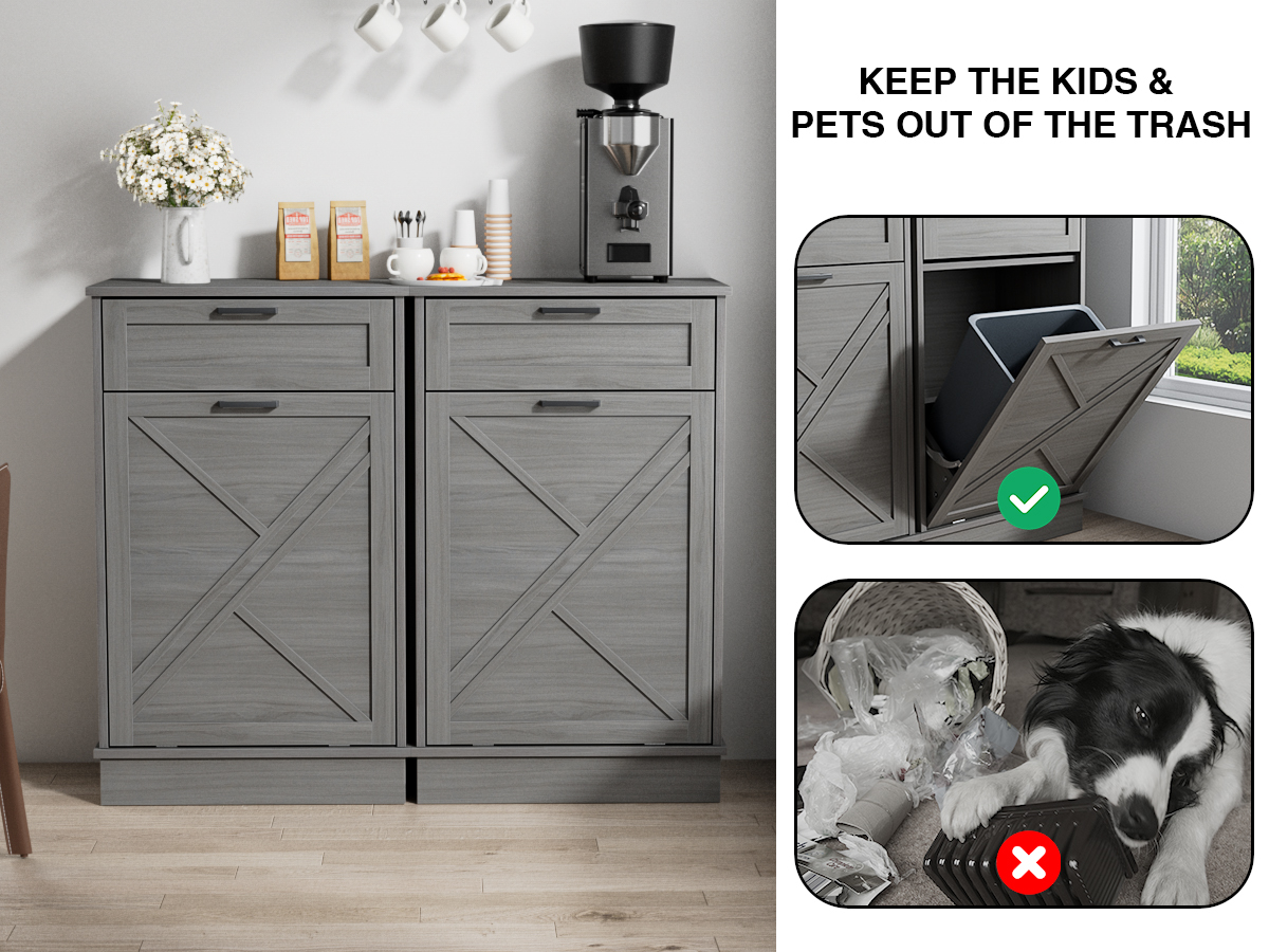 Anmytek 10 Gallon Tilt Out Trash Can Cabinet with Drawer, Kitchen Freestanding Wood Recycling Trash Cabinet