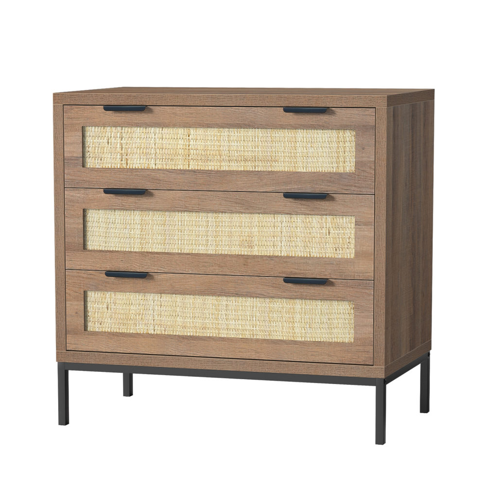 Anmytek 2PCS 3 Drawer Dresser with Natural Rattan, Large Nightstand Dresser for Bedroom