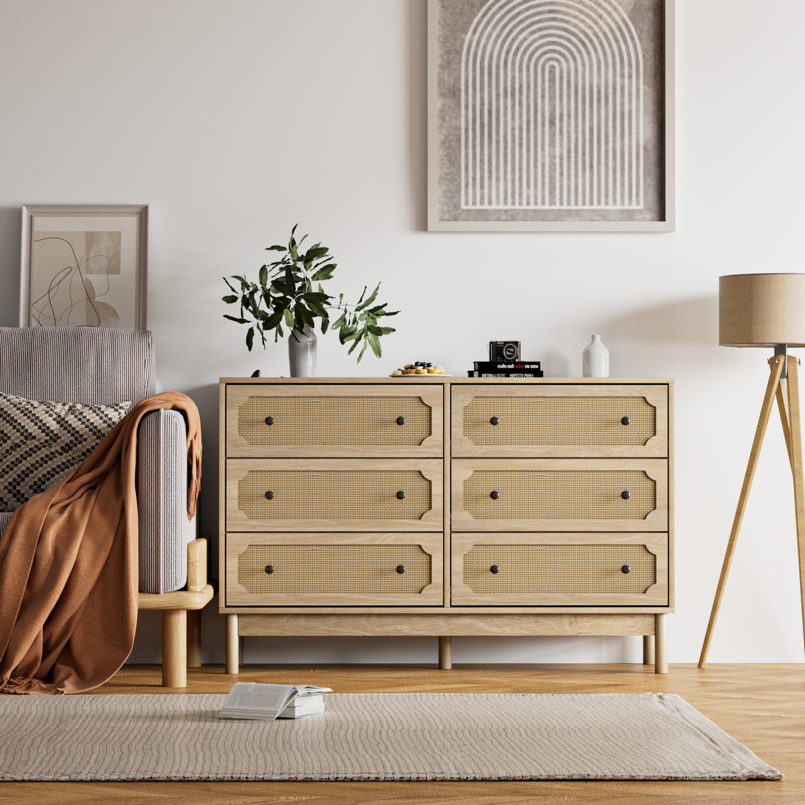 Anmytek Rattan 6 Drawer Dresser for Bedroom, Modern Storage Cabinet Dresser Chest of Drawers