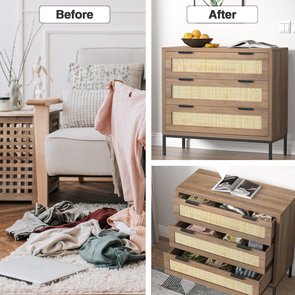Anmytek 2PCS 3 Drawer Dresser with Natural Rattan, Large Nightstand Dresser for Bedroom