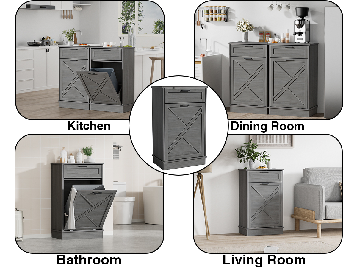 Anmytek 10 Gallon Tilt Out Trash Can Cabinet with Drawer, Kitchen Freestanding Wood Recycling Trash Cabinet