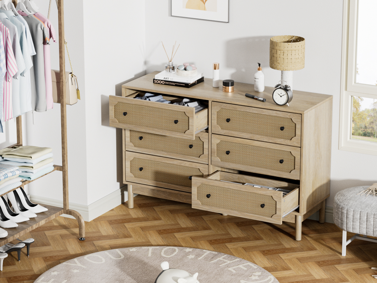 Anmytek Rattan 6 Drawer Dresser for Bedroom, Modern Storage Cabinet Dresser Chest of Drawers