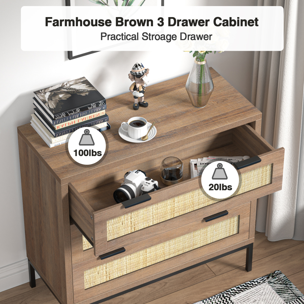 Anmytek 2PCS 3 Drawer Dresser with Natural Rattan, Large Nightstand Dresser for Bedroom