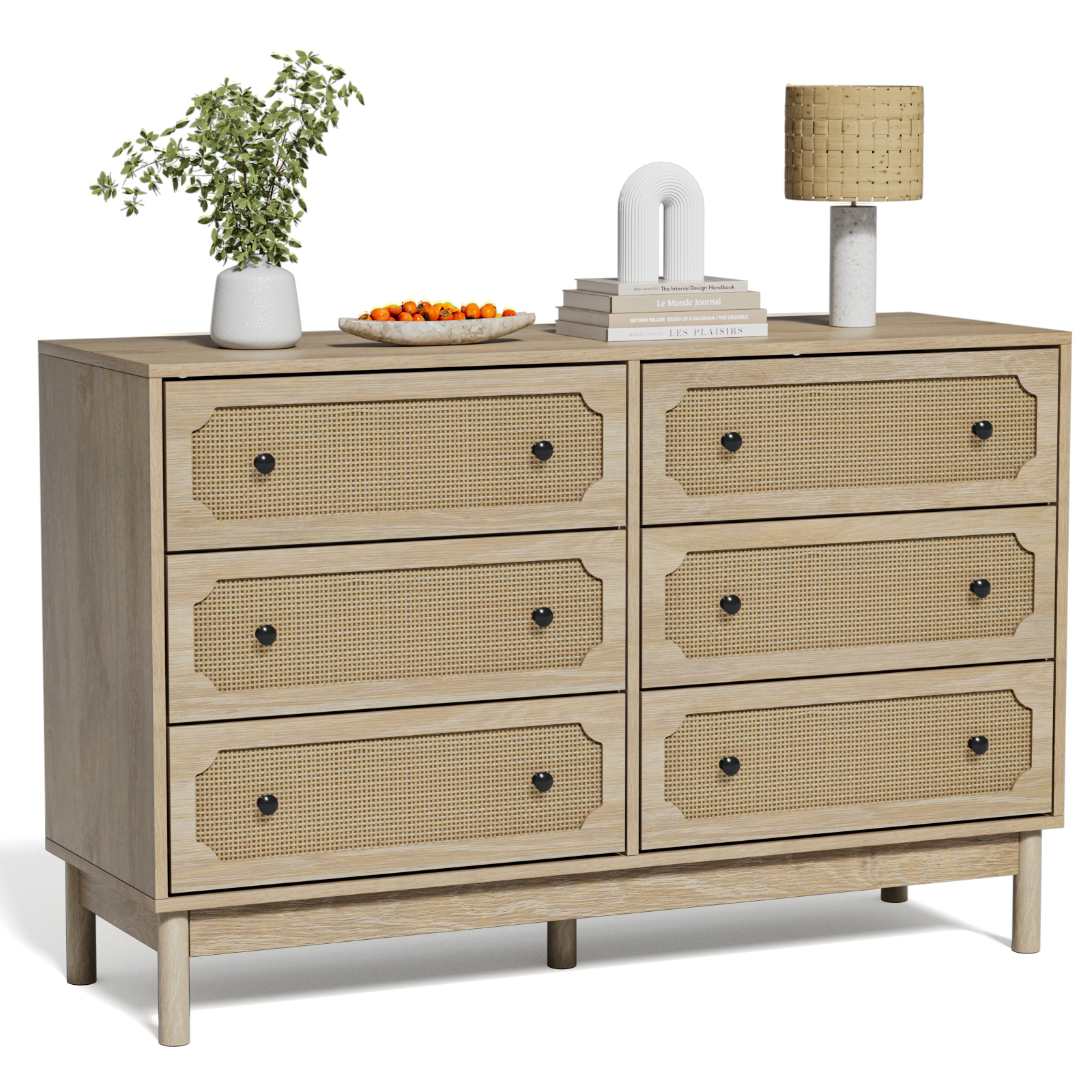 Anmytek Rattan 6 Drawer Dresser for Bedroom, Modern Storage Cabinet Dresser Chest of Drawers