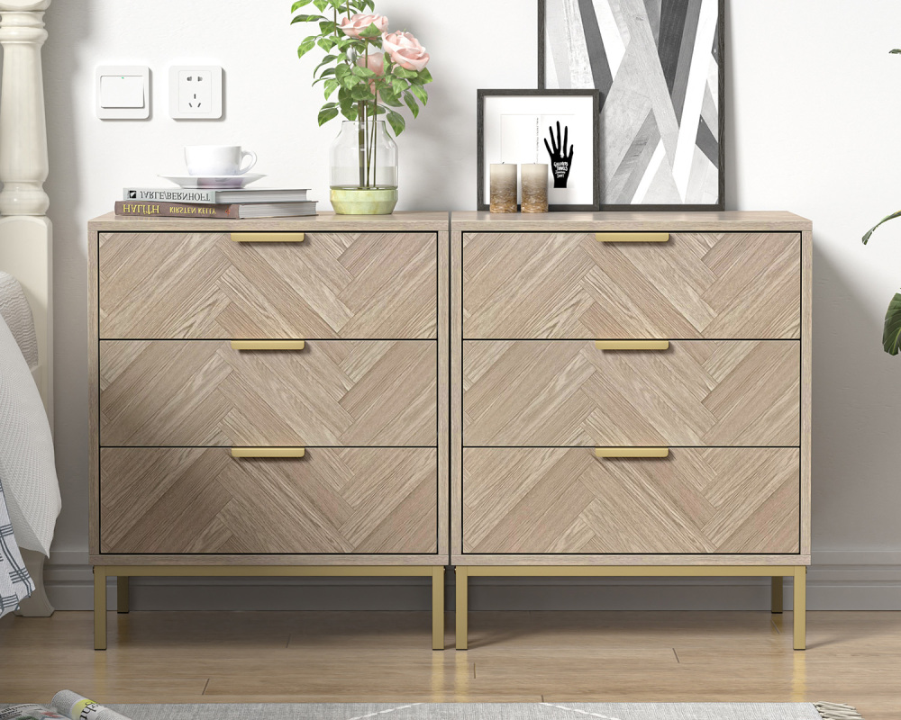 Anmytek 2pcs 3 Drawer Nightstand for Bedroom, Set of 2 Side Tables with 3 Drawers