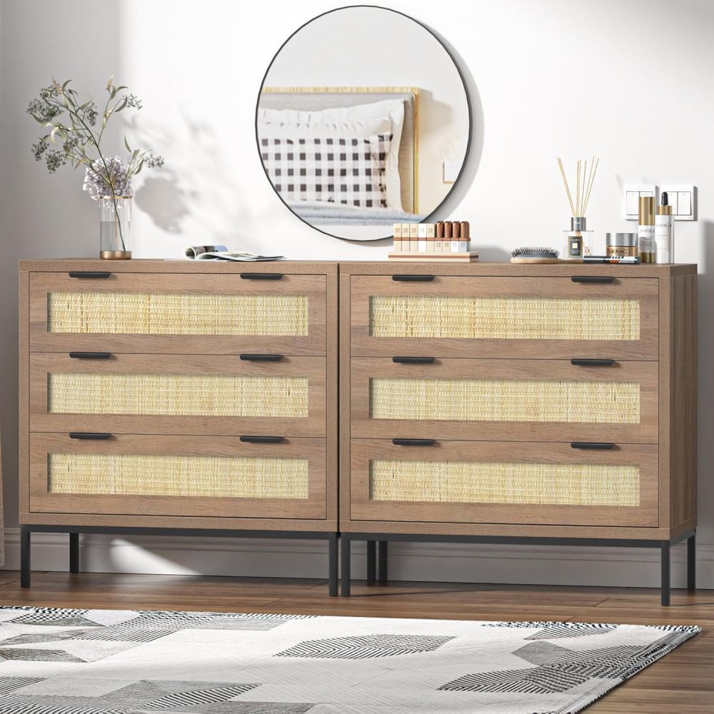 Anmytek 2PCS 3 Drawer Dresser with Natural Rattan, Large Nightstand Dresser for Bedroom