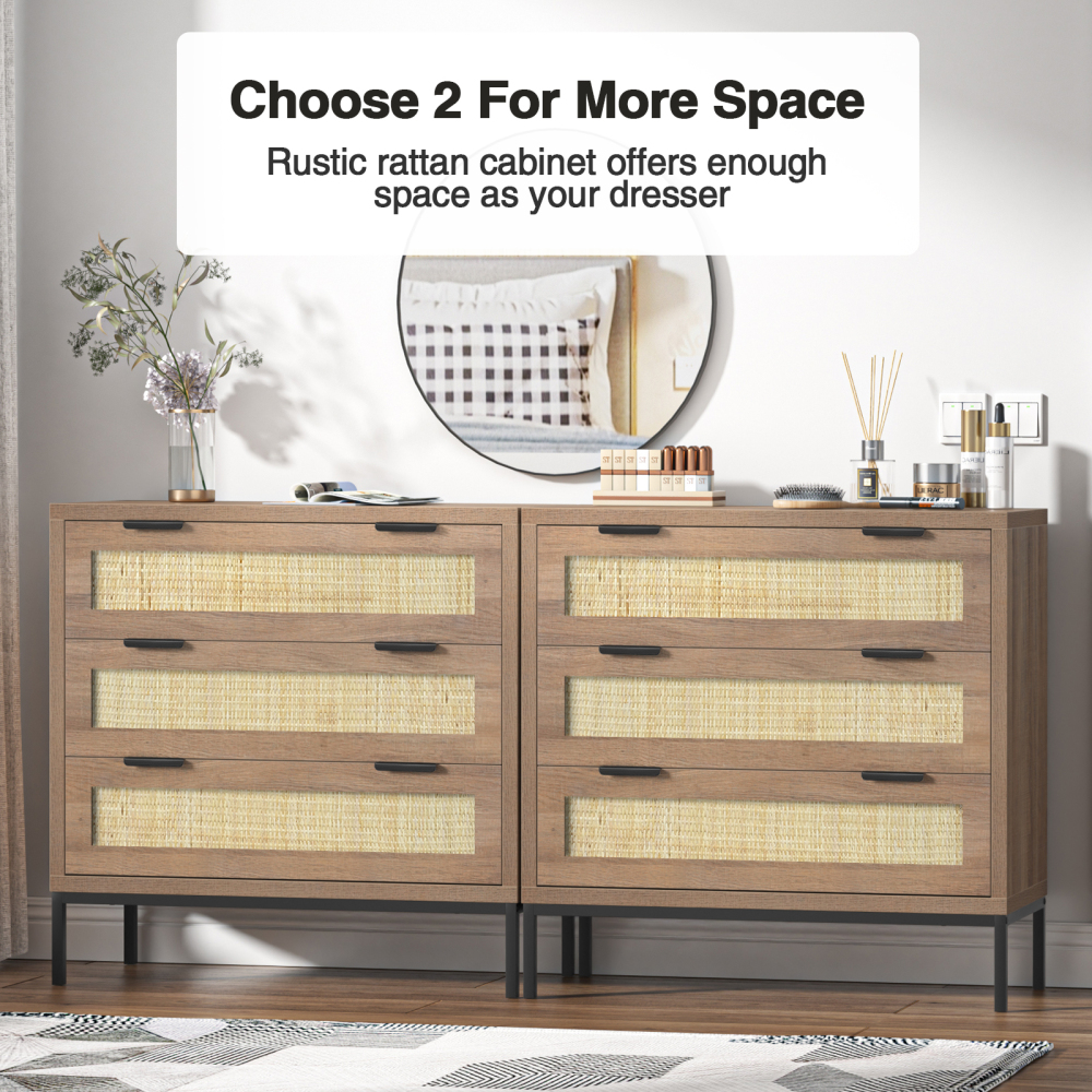 Anmytek 2PCS 3 Drawer Dresser with Natural Rattan, Large Nightstand Dresser for Bedroom