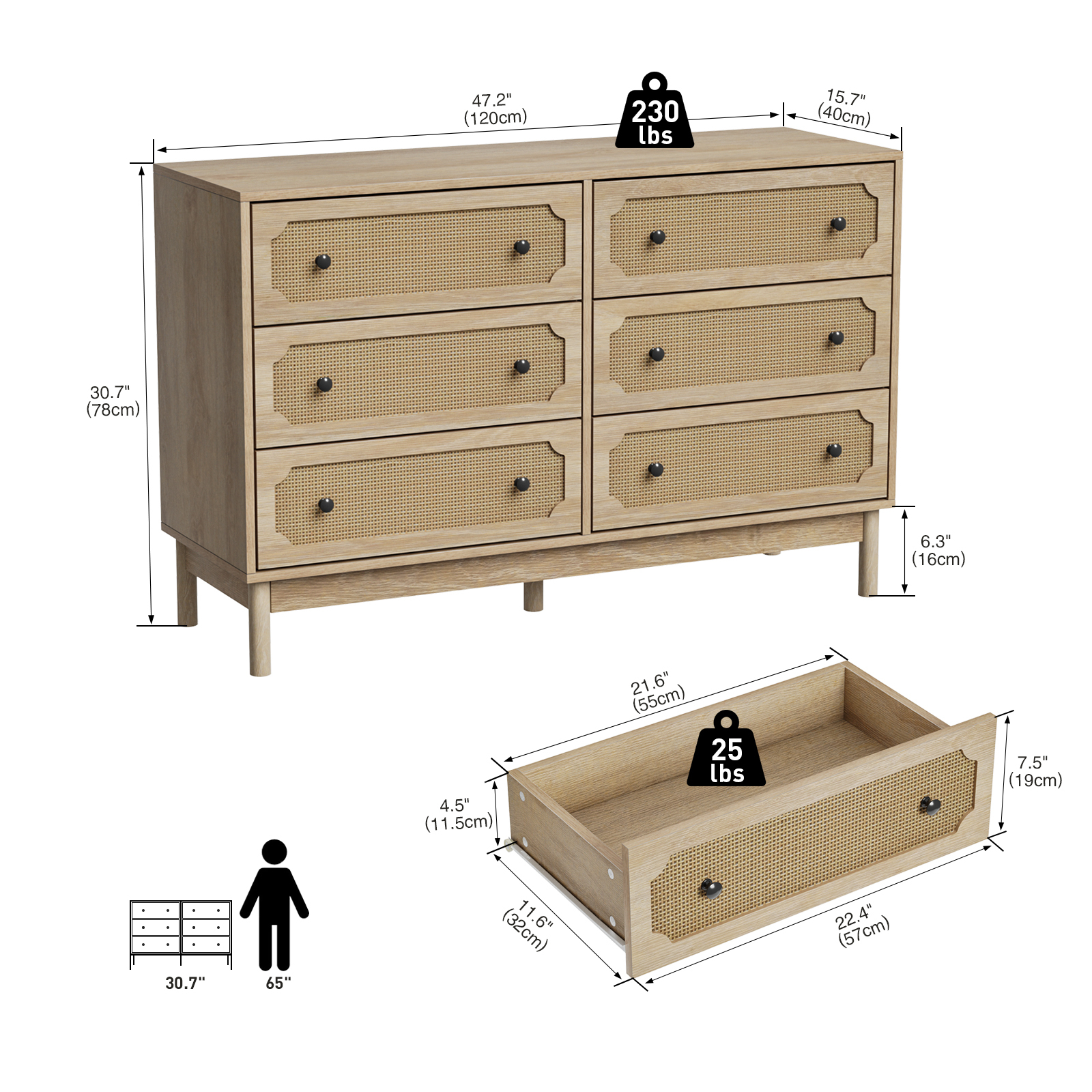 Anmytek Rattan 6 Drawer Dresser for Bedroom, Modern Storage Cabinet Dresser Chest of Drawers