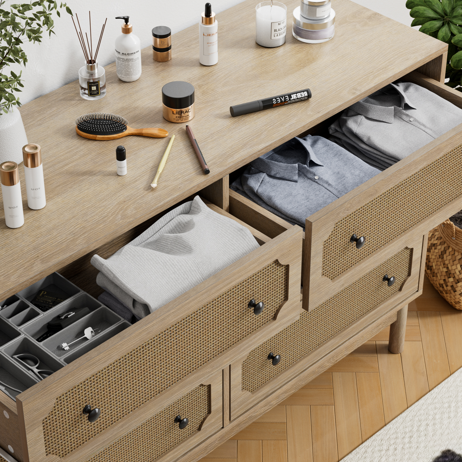 Anmytek Rattan 6 Drawer Dresser for Bedroom, Modern Storage Cabinet Dresser Chest of Drawers