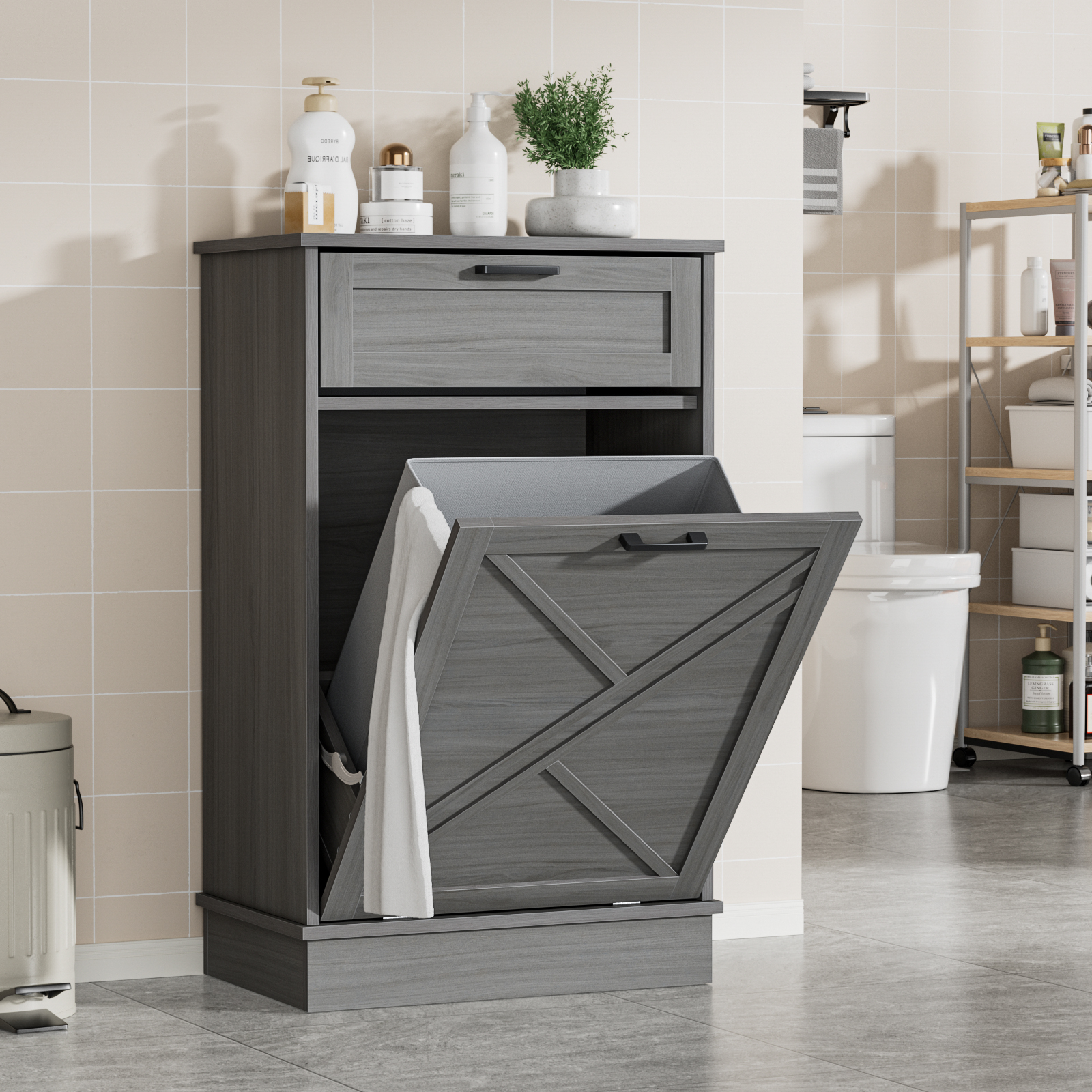 Anmytek 10 Gallon Tilt Out Trash Can Cabinet with Drawer, Kitchen Freestanding Wood Recycling Trash Cabinet
