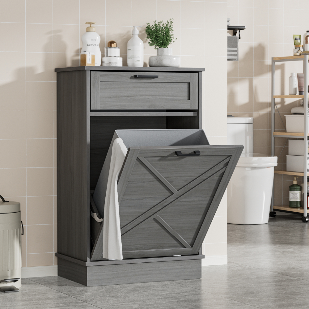 Anmytek 10 Gallon Tilt Out Trash Can Cabinet with Drawer, Kitchen Freestanding Wood Recycling Trash Cabinet