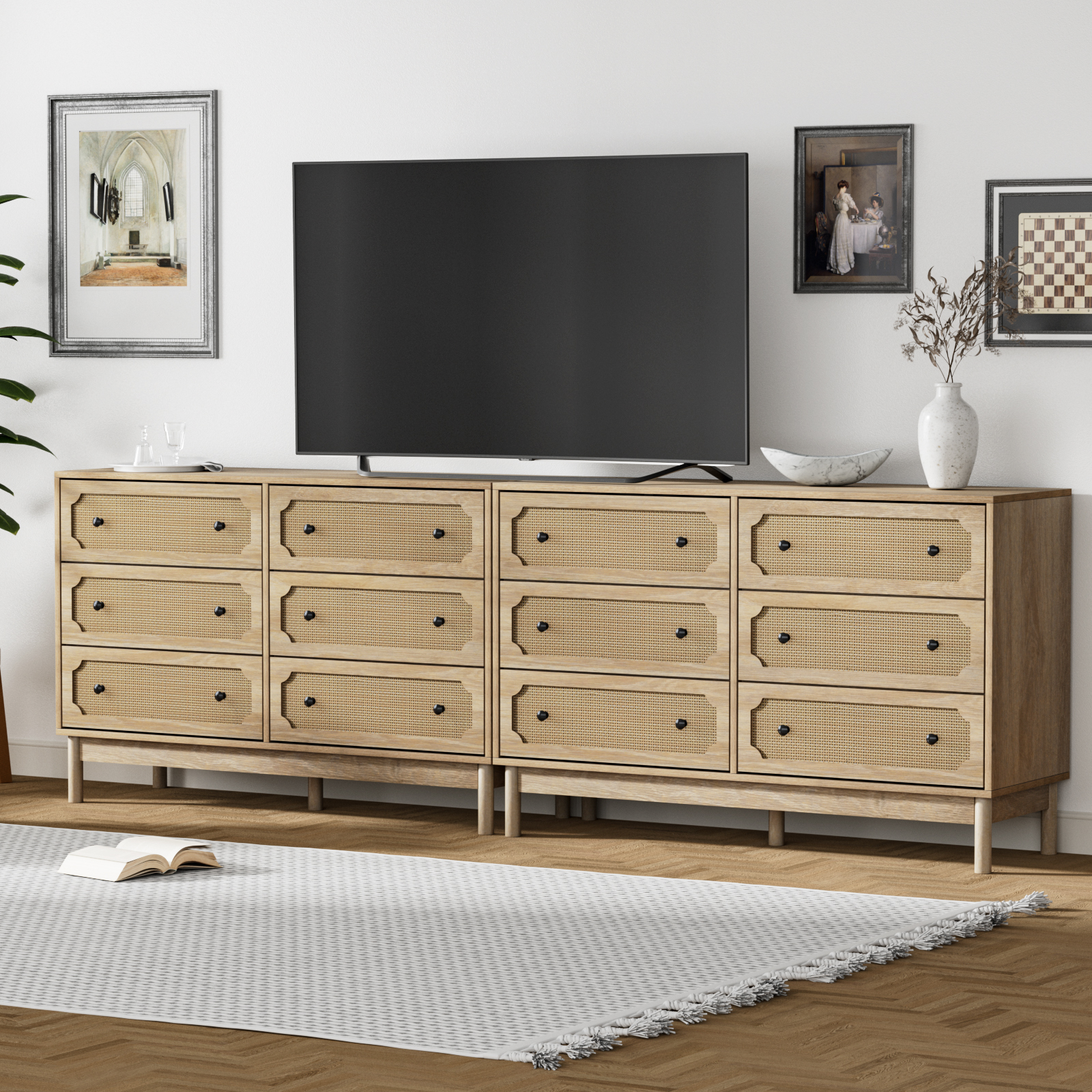 Anmytek Rattan 6 Drawer Dresser for Bedroom, Modern Storage Cabinet Dresser Chest of Drawers