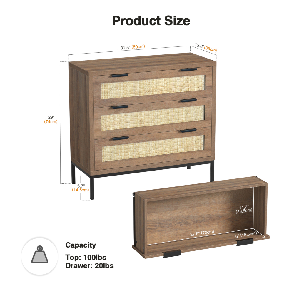 Anmytek 2PCS 3 Drawer Dresser with Natural Rattan, Large Nightstand Dresser for Bedroom