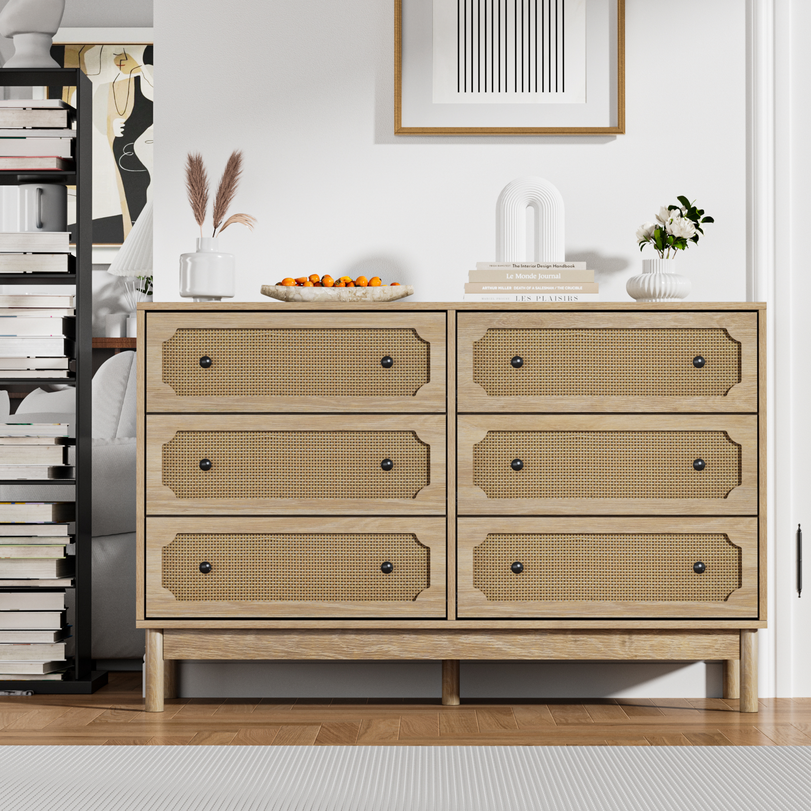 Anmytek Rattan 6 Drawer Dresser for Bedroom, Modern Storage Cabinet Dresser Chest of Drawers