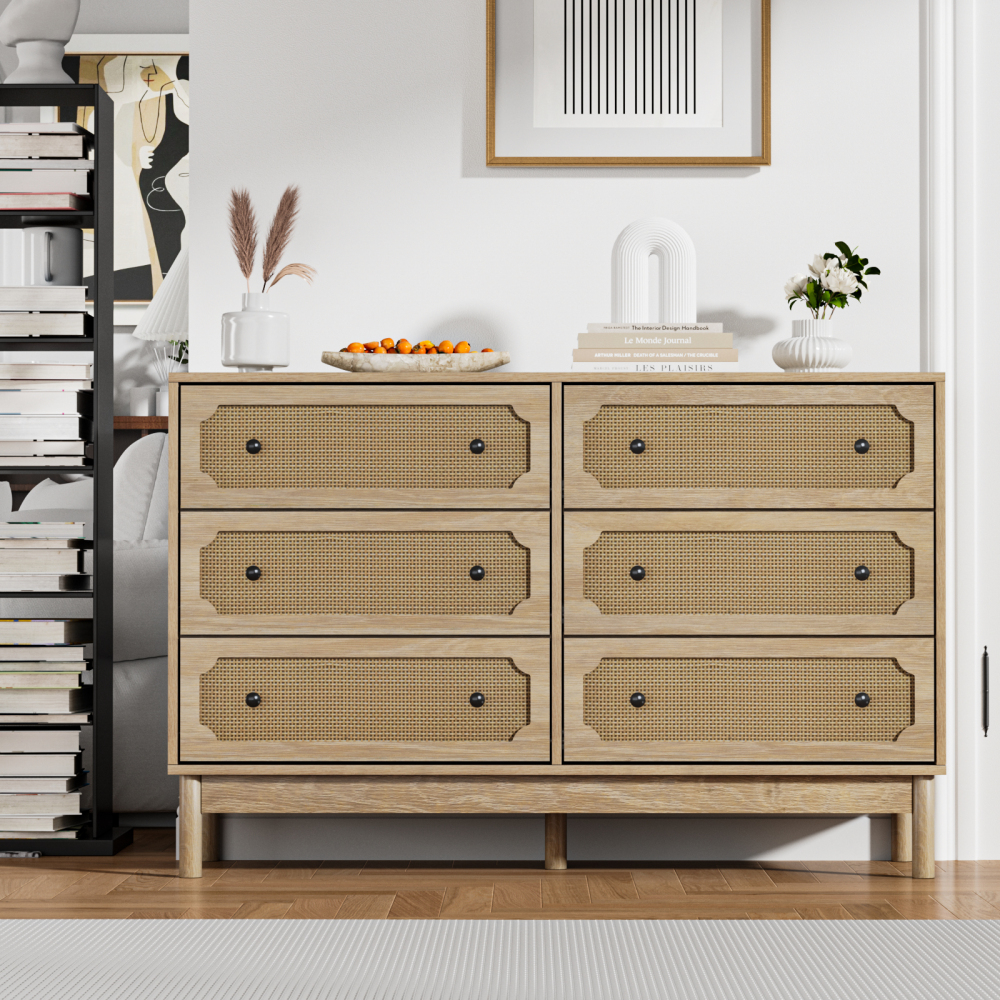 Anmytek Rattan 6 Drawer Dresser for Bedroom, Modern Storage Cabinet Dresser Chest of Drawers