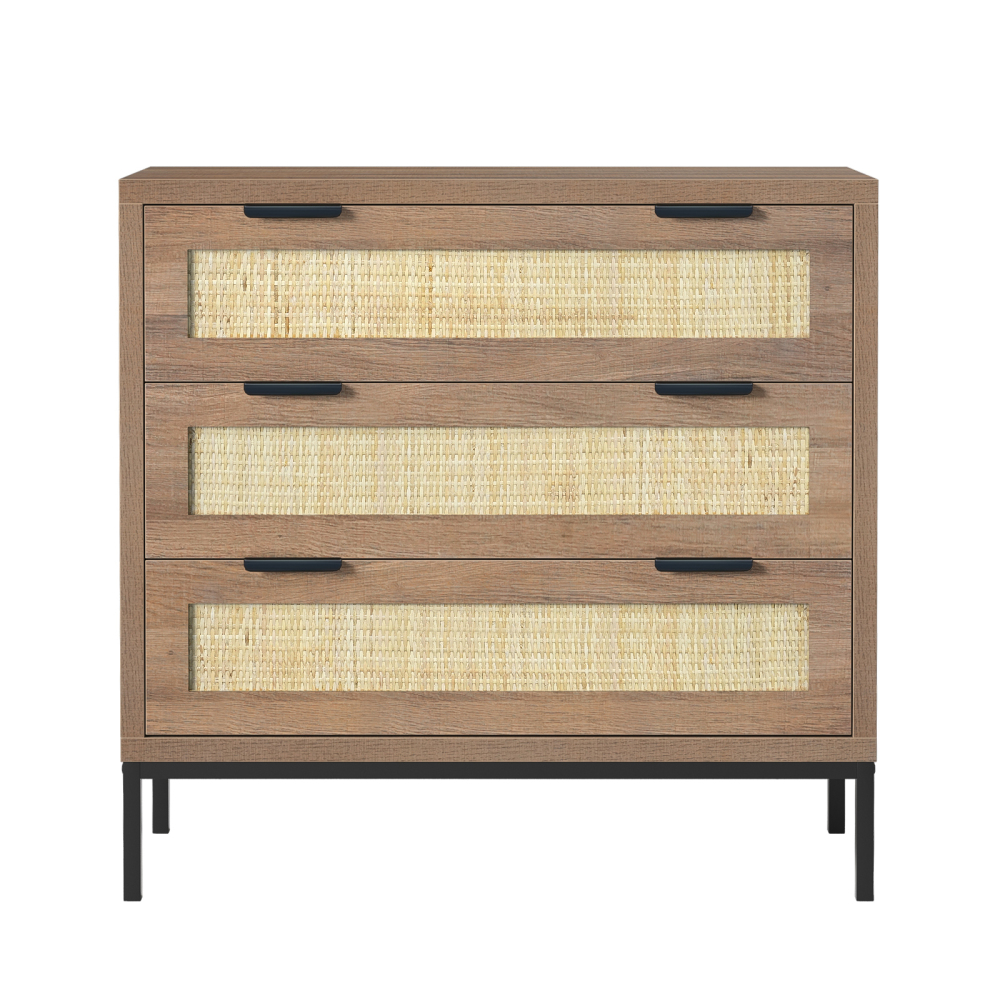 Anmytek 2PCS 3 Drawer Dresser with Natural Rattan, Large Nightstand Dresser for Bedroom