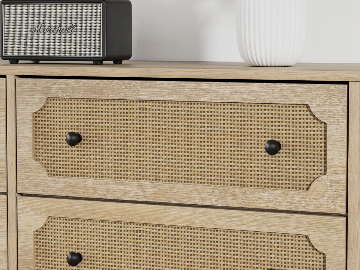 Anmytek Rattan 6 Drawer Dresser for Bedroom, Modern Storage Cabinet Dresser Chest of Drawers