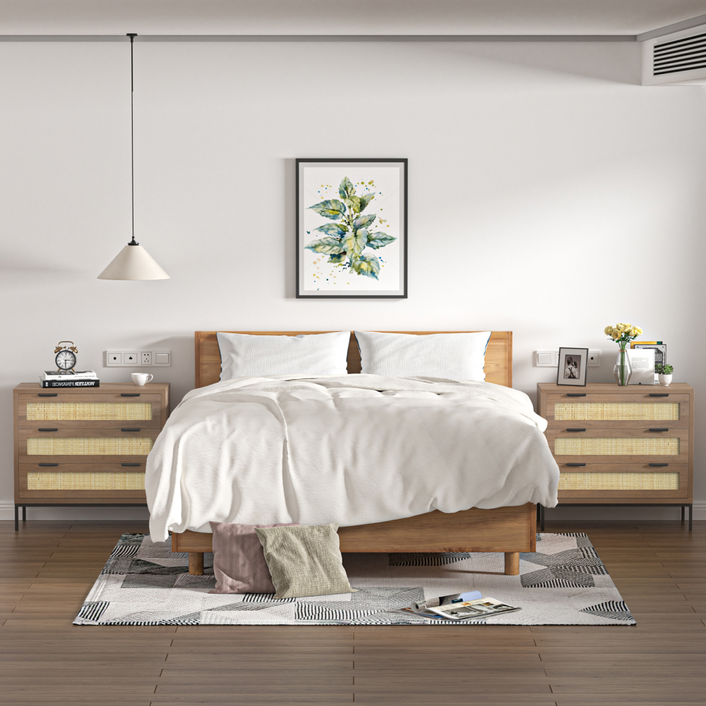Anmytek 2PCS 3 Drawer Dresser with Natural Rattan, Large Nightstand Dresser for Bedroom