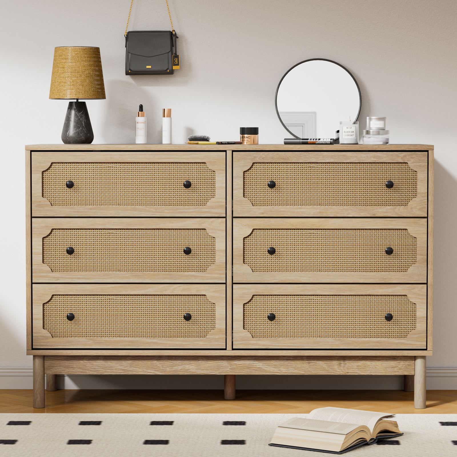 Anmytek Rattan 6 Drawer Dresser for Bedroom, Modern Storage Cabinet Dresser Chest of Drawers