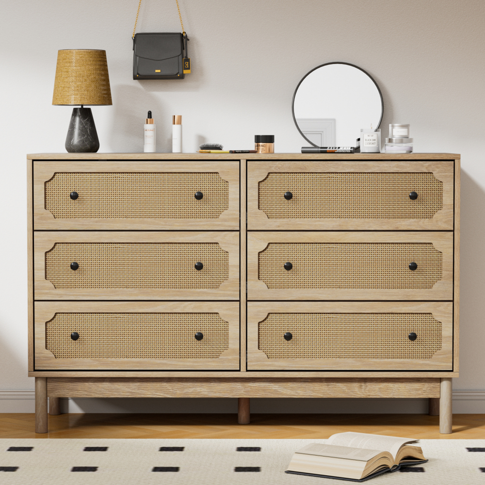 Anmytek Rattan 6 Drawer Dresser for Bedroom, Modern Storage Cabinet Dresser Chest of Drawers