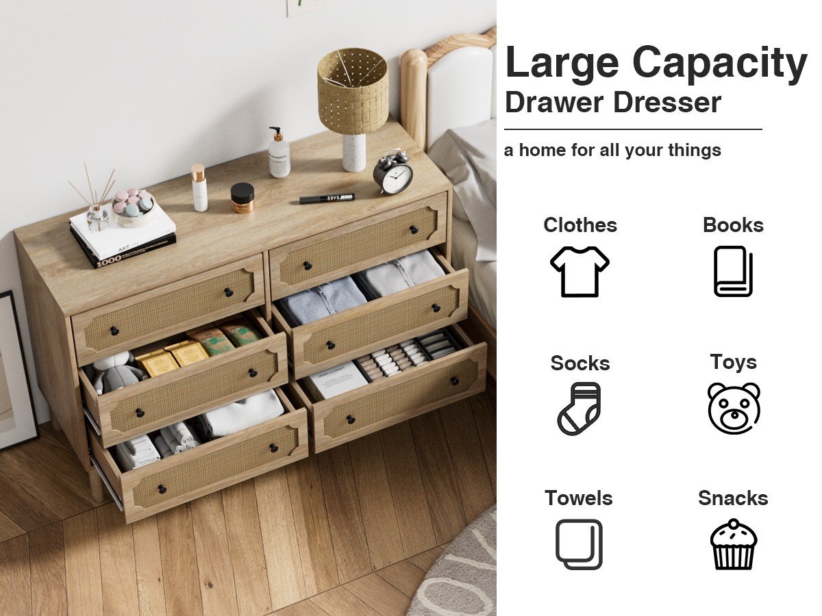Anmytek Rattan 6 Drawer Dresser for Bedroom, Modern Storage Cabinet Dresser Chest of Drawers
