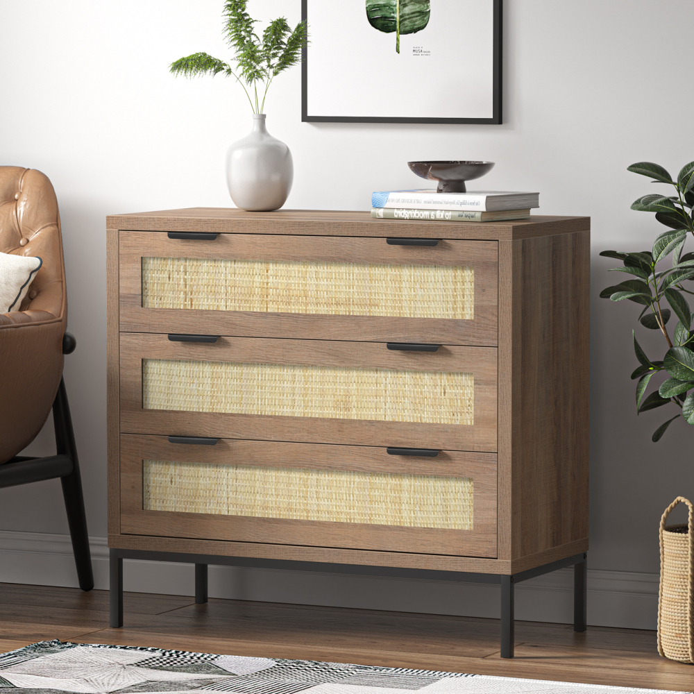 Anmytek 2PCS 3 Drawer Dresser with Natural Rattan, Large Nightstand Dresser for Bedroom