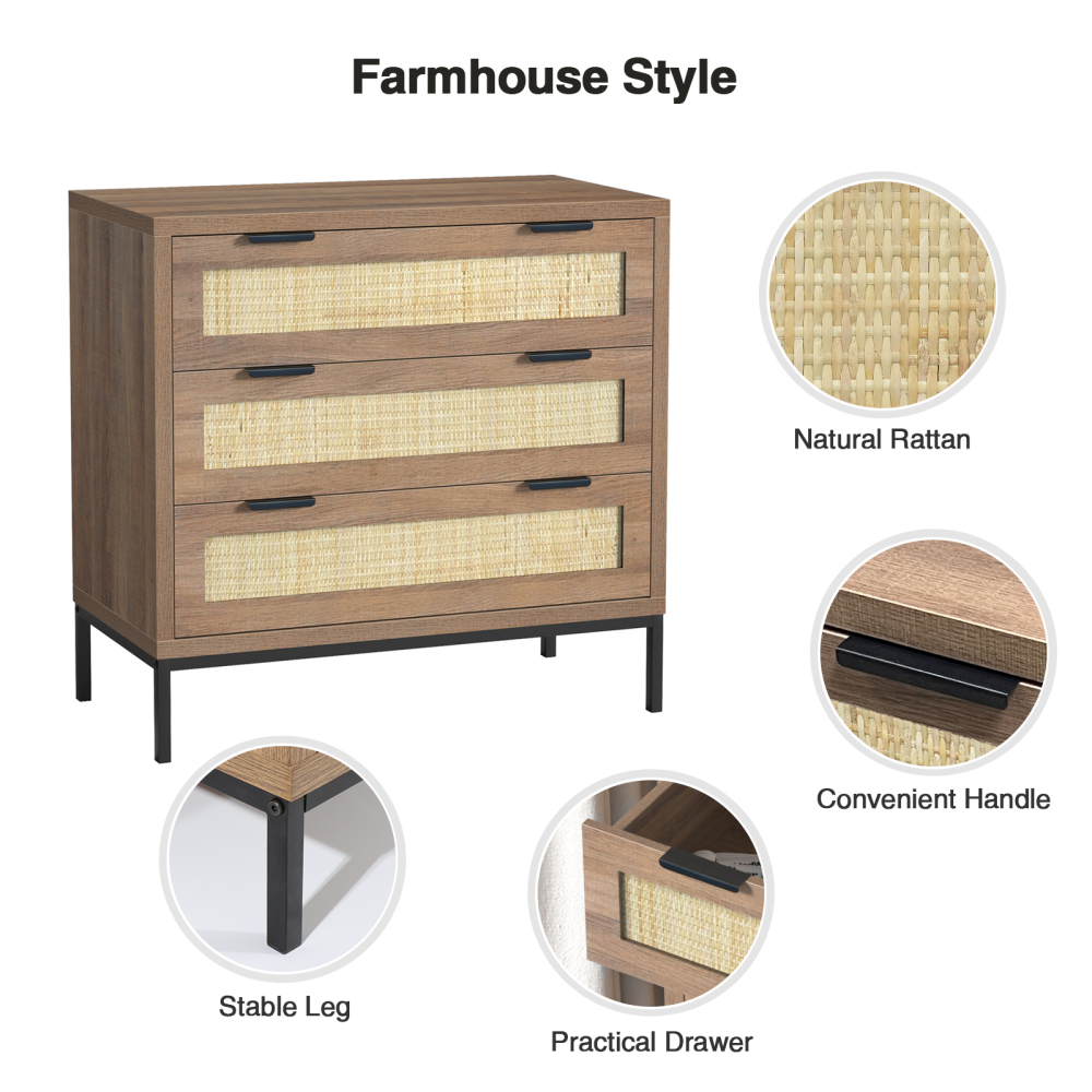 Anmytek 2PCS 3 Drawer Dresser with Natural Rattan, Large Nightstand Dresser for Bedroom