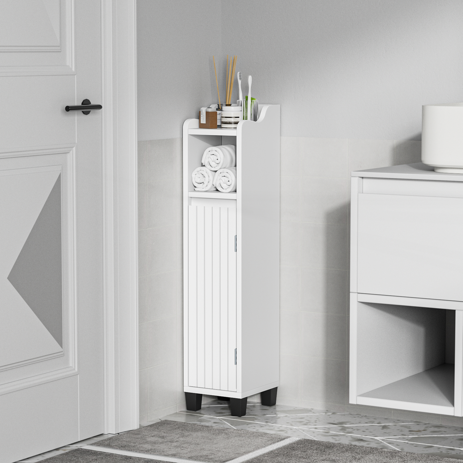 Anmytek Bathroom Storage Cabinet, Corner Floor Cabinet with Shelves Narrow Toilet Open Storage