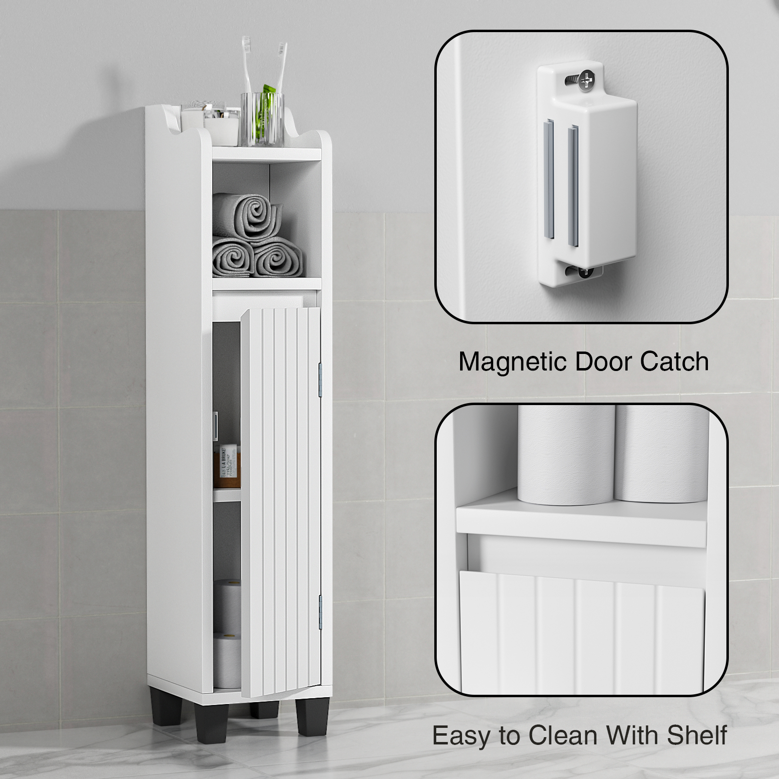 Anmytek Bathroom Storage Cabinet, Corner Floor Cabinet with Shelves Narrow Toilet Open Storage