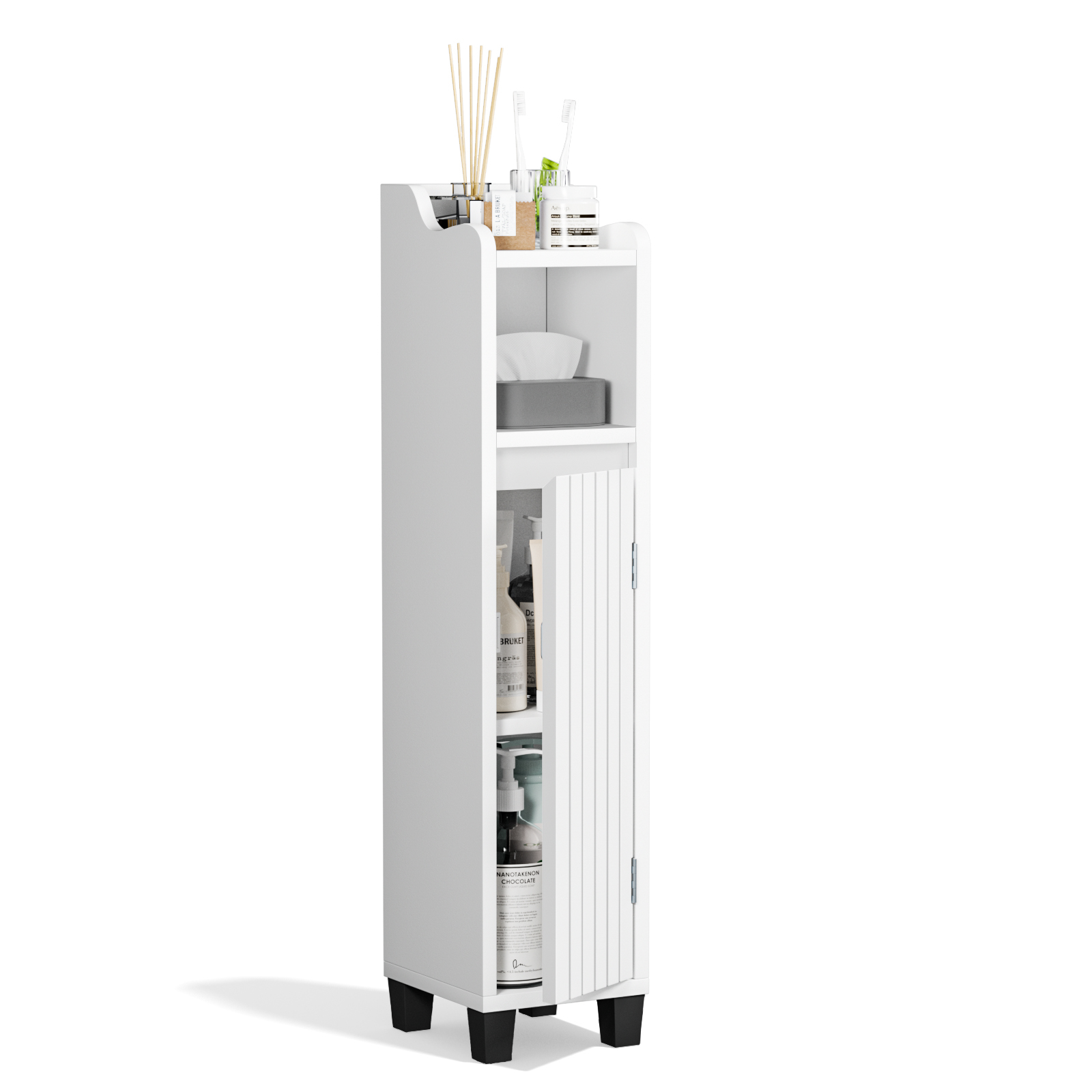 Anmytek Bathroom Storage Cabinet, Corner Floor Cabinet with Shelves Narrow Toilet Open Storage